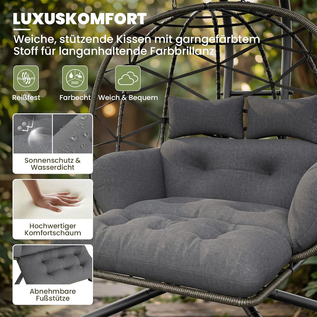 UDPATIO Hängesessel Outdoor mit Gestell, Hängeschaukel mit Sonnendach & Fußablage, Hängestuhl bis 280KG für 2 Personen, Verstellbare Kuppel & Dicke Kissen, Schaukel Sessel Garten, Balkon, Grau