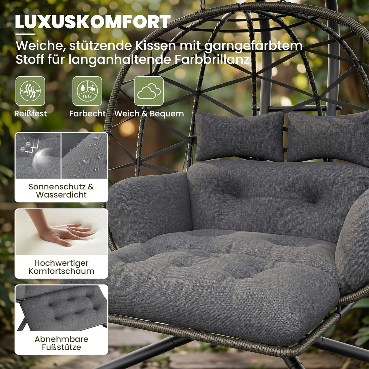 UDPATIO Hängesessel Outdoor mit Gestell, Hängeschaukel mit Sonnendach & Fußablage, Hängestuhl bis 280KG für 2 Personen, Verstellbare Kuppel & Dicke Kissen, Schaukel Sessel Garten, Balkon, Grau