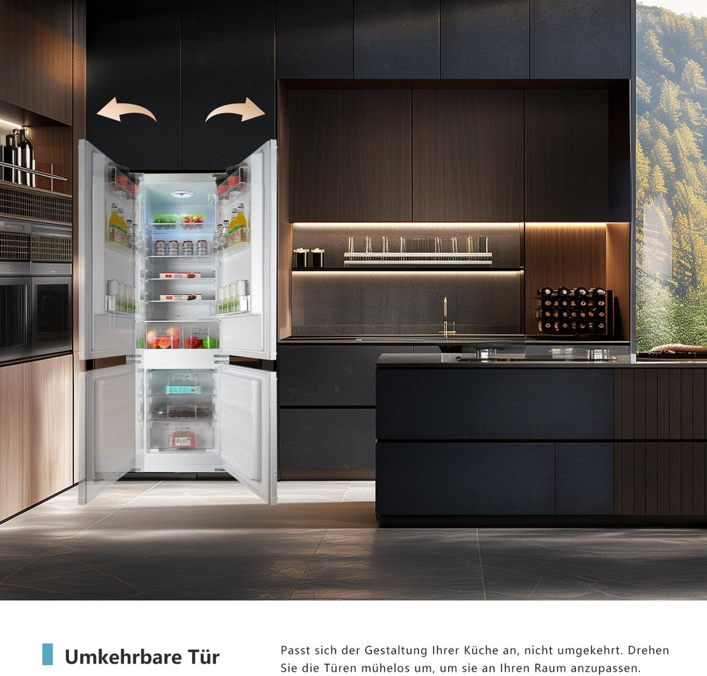 Einbaukühlschrank mit gefrierfach 177 cm hoch x 54 cm breit , 【 Nofrost Plus 】, kühl gefrierkombination einbau 178 kühlschrank | 225 L (181L/44L) | Energieeffizient | 5 hat | Leise | Türs Wechselbar