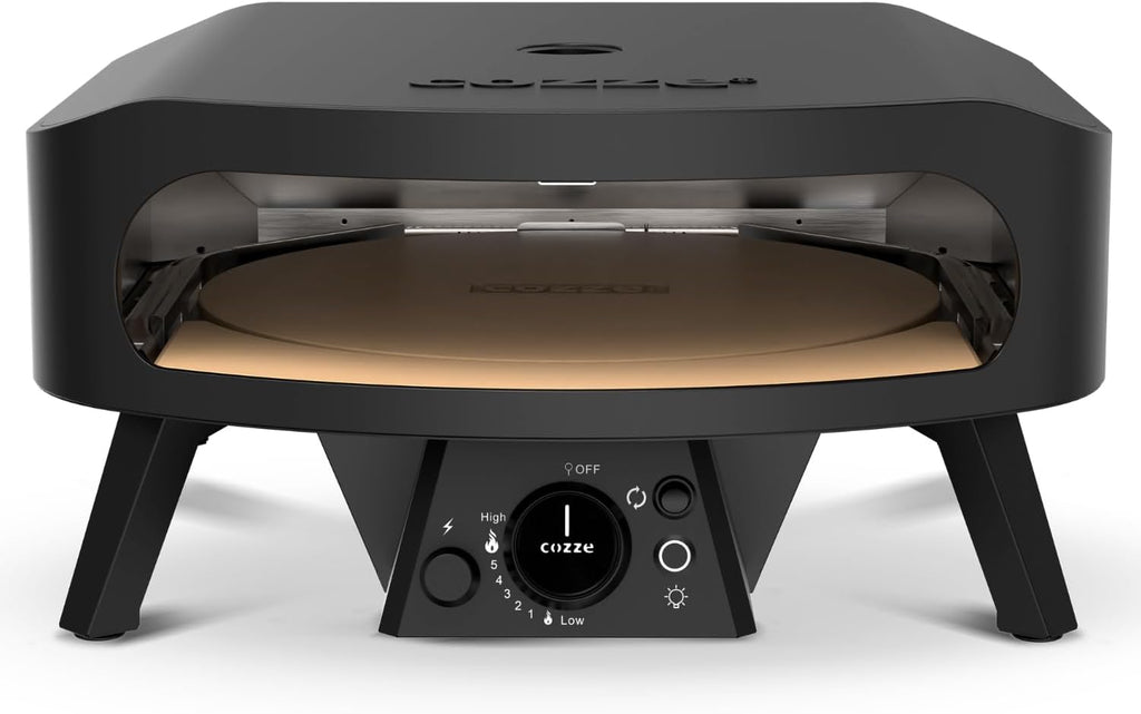 Cozze® 17" Pizzaofen Gas Schwarze Edition mit rotierender Pizzastein Ø43 cm - 600°C, Pizza in 2 Minuten
