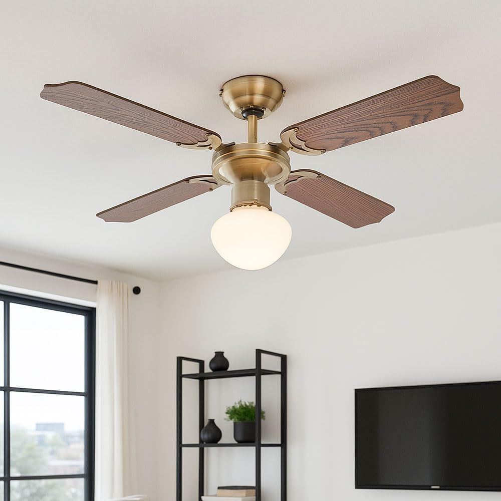 LED Deckenventilator mit Zugschalter Ventilatorlampe Decke 3 Stufen Ventilator Deckenleuchte, Vor-Rücklauf, Eiche Geflecht Glas Altmessing, 1x LED 9W 810Lm, D 106,6 cm