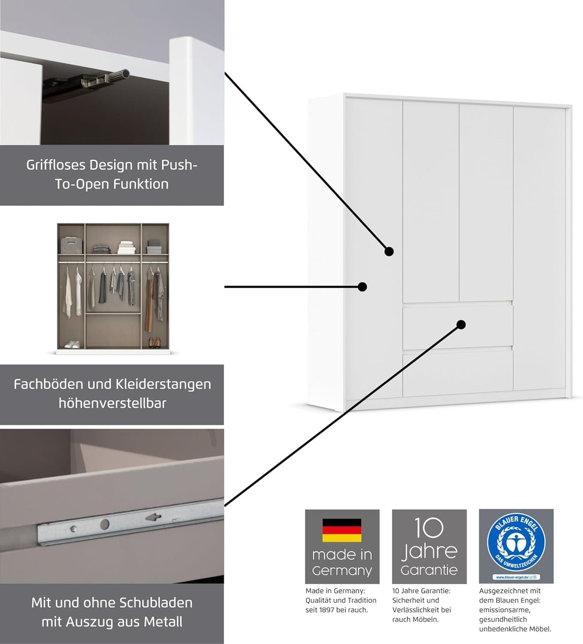 Rauch Möbel Mainz Schrank Kleiderschrank Drehtürenschrank Weiß-Grau metallic, Schwarz, 5-türig Spiegel, 6 Schubladen, Zubehörpaket Basic 3 Einlegeböden, 3 Kleiderstangen, grifflos BxHxT 226x210x54 cm