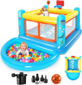Aufblasbare Hüpfburg für Kinder von 3–6 Jahren, kleines PVC-Hüpfburg-Spielhaus mit Hüpfkissen, herausnehmbarem Bällebad, Basketballkorb und Hüpfspiel, inklusive Luftpumpe