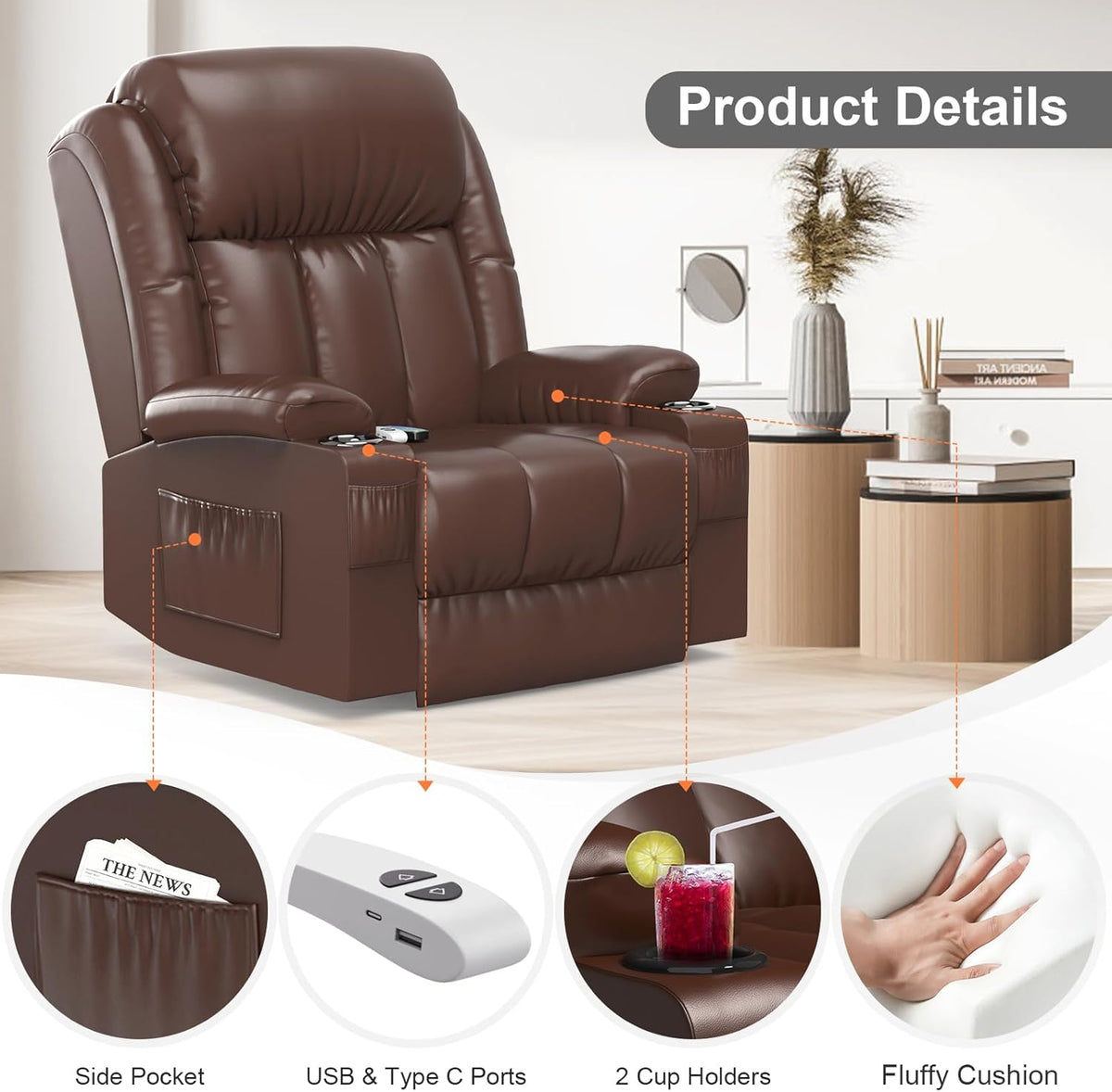 Fernsehsessel Massagesessel Elektrisch Relaxsessel mit Liegefunktion Aufstehhilfe, Massage Heizung, Fußteil, Getränkehalter 4 Seitentaschen,TYP C & USB-Anschlüsse Leder Sessel