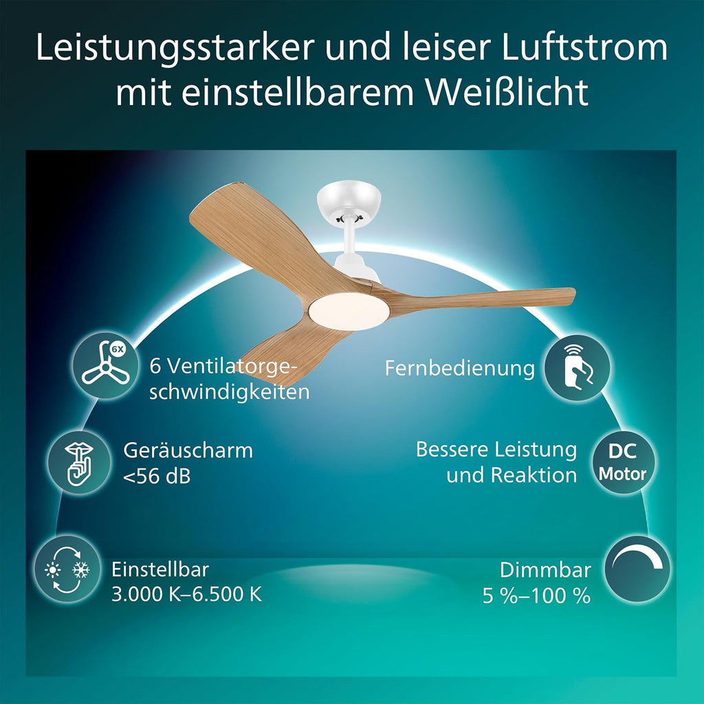 PHILIPS Olas Deckenventilator mit LED-Leuchte, 3 Flügel, 106 cm Durchmesser, 2650 Lumen, einstellbares weißes Licht von 3000 K bis 6500 K, dimmbar auf 5%, inklusive Fernbedienung, weiß/Holz, modern