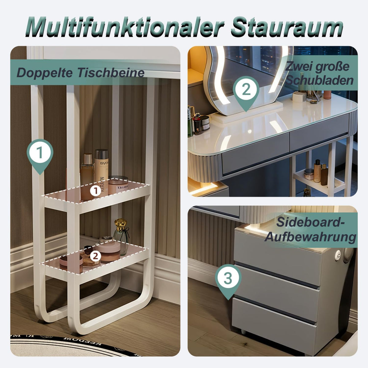Schminktisch Mit Beleuchtung Und Hocker,Moderner Frisiertisch Mit Kabelloser Aufladung,Bluetooth-Audio,Schminktisch Mit Spiegel,3 Farben,Für Das Schlafzimmer (Graues Schminktisch-Set)