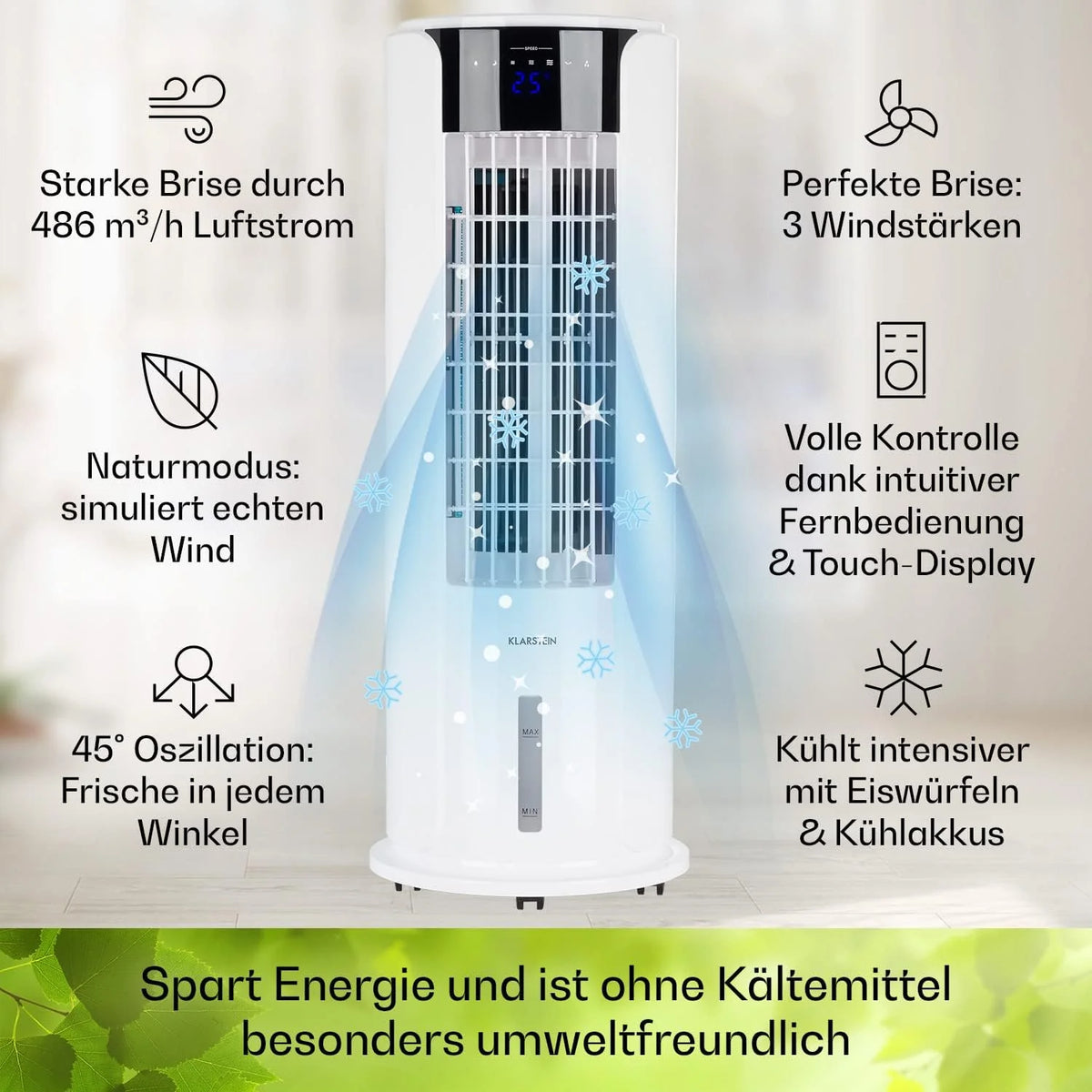 Klarstein Luftkühler mit Wasserkühlung, 4-in-1 Raumkühler, Luftbefeuchter, Ventilator & Nachtmodus, Mobile Klimageräte Luftkühler mit 3,5L Tank & Timer, 60W Air Cooler mit 486 m³/h Luftstrom