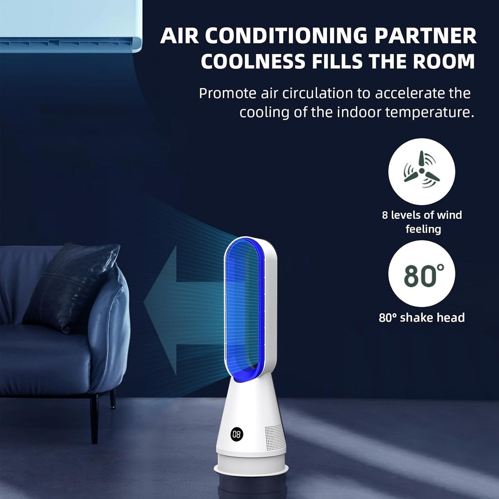 Rotorloser Ventilator,Turmventilator sehr leise & Luftreiniger,mit Fernbedienung, 8 Geschwindigkeiten,90° Oszillation, 9h Timer,oszillierender Raumkühler für Schlafzimmer, Büro (Weiß)