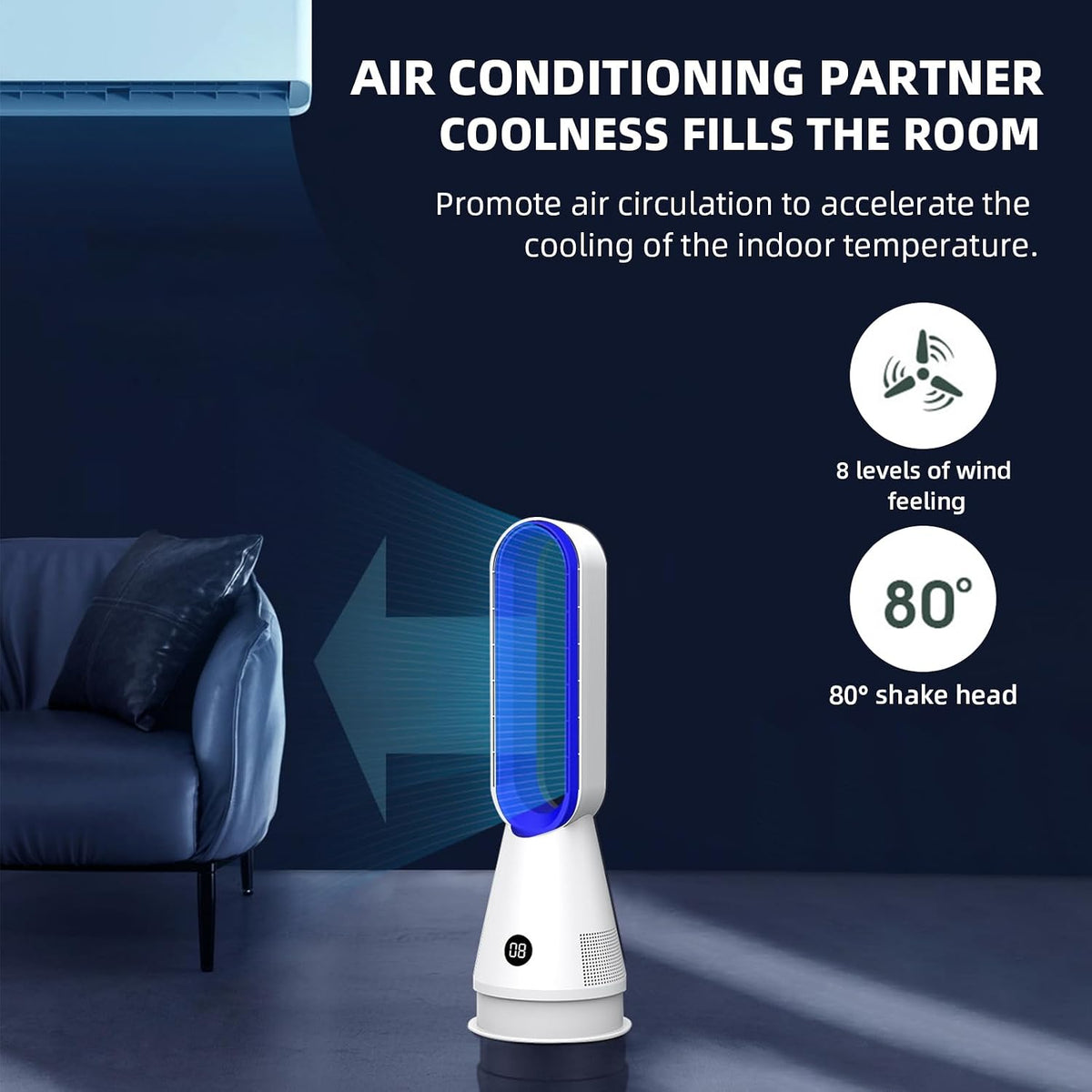 Rotorloser Ventilator,Turmventilator sehr leise & Luftreiniger,mit Fernbedienung, 8 Geschwindigkeiten,90° Oszillation, 9h Timer,oszillierender Raumkühler für Schlafzimmer, Büro (Weiß)