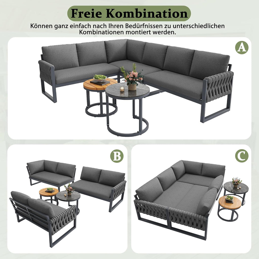 Gartenmöbel Set Lounge möbel Outdoor für 5-6 Personen, Metal, mit L-förmig gartensofa und Tisch, inklusive Aller Sitz- und Rückenkissen für Balkon Garten Terrasse (Grau)