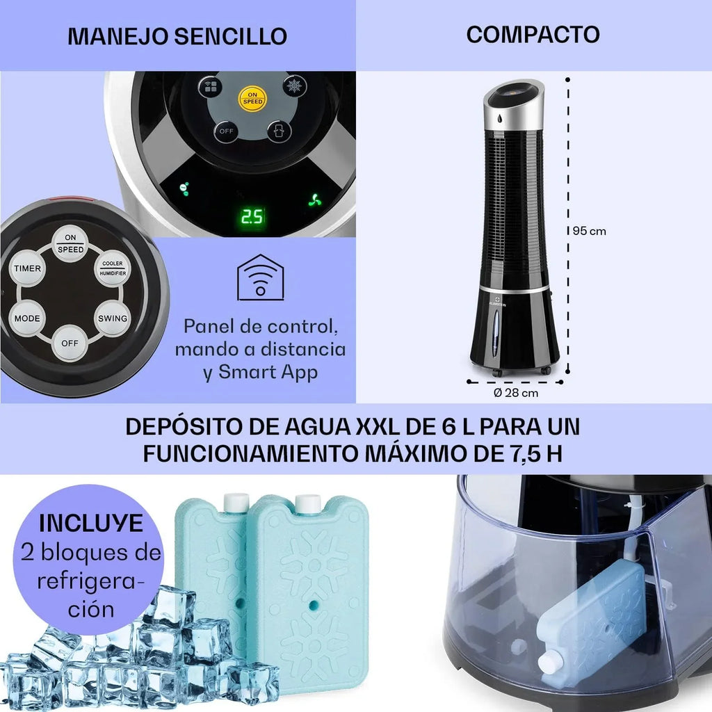 Klarstein Skyscraper Ice Smart Climatizador Evaporativo – 4 en 1: Ventilador, Enfriador, Purificador & Humidificador, 210 m³/h, Control App & Alexa, Depósito 6L, Oscilación, Ionizador, Negro