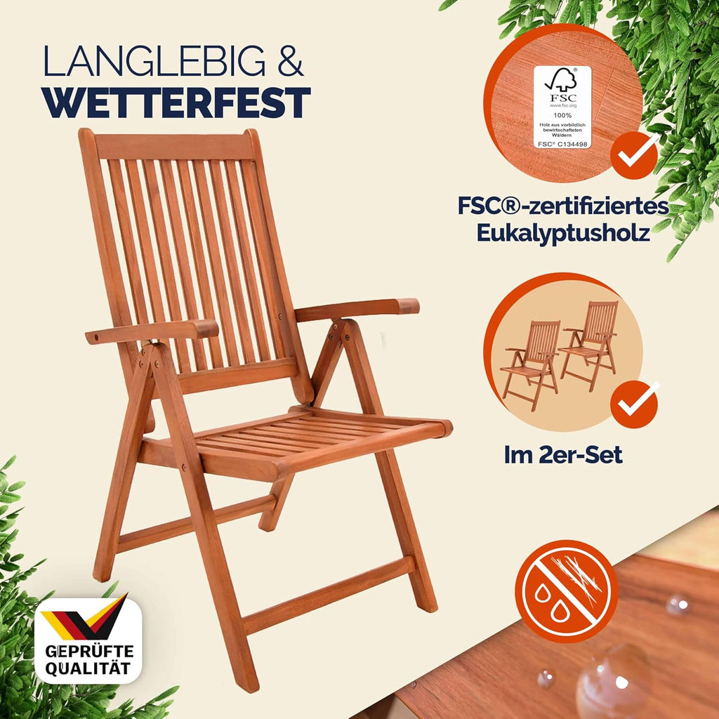Casaria® 2er Set Gartenstuhl Balkonstuhl Holz FSC®-Zertifiziert Eukalyptus Klappbar Rückenlehne 5-Fach Verstellbar 55x70cm Garten Balkon Terrasse Klappstuhl Hochlehner Braun