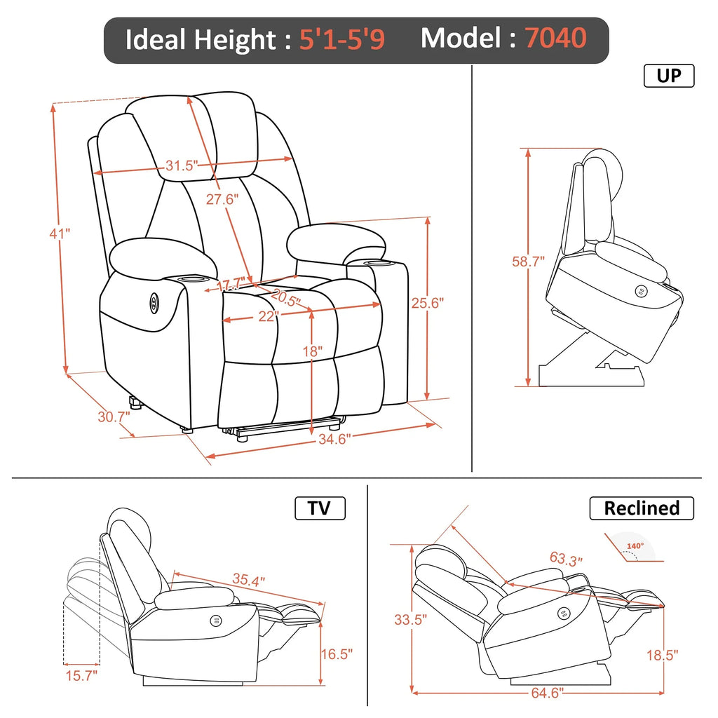 Mcombo Sillón Reclinable Eléctrico con Masaje y Carga USB
