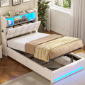 AOGLLATI Polsterbett 90×200cm Hydraulisches Stauraumbett mit LED-Bleuchtung Jugendbett mit Ladestation Einzelbett mit Stauraum Kopfteil, Leinenstoff, ohne Matratze (Beige, 90x200cm)