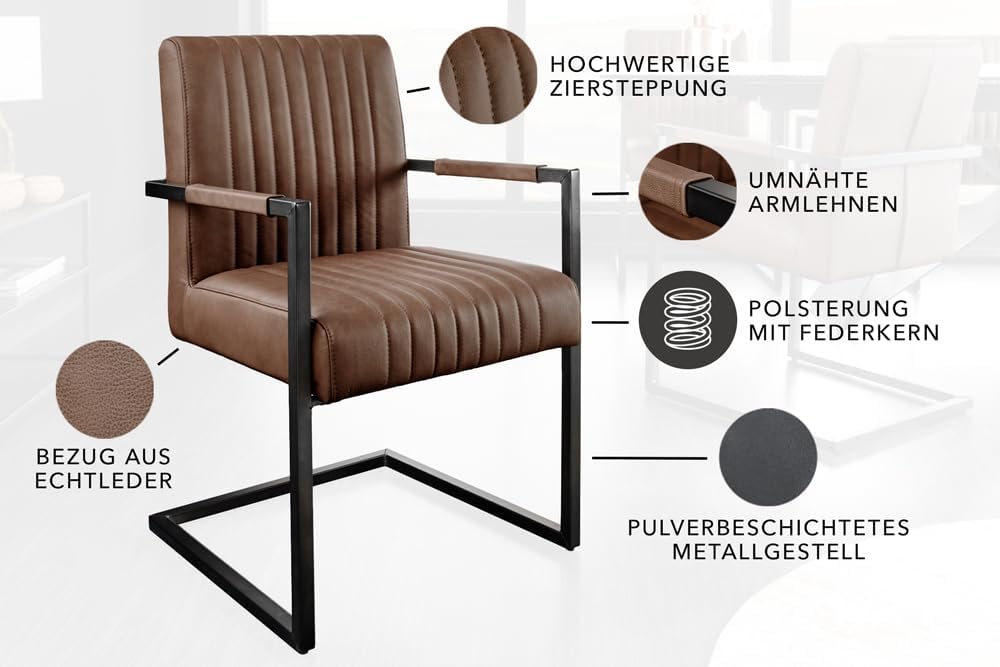 Riess Ambiente Moderner Freischwinger Stuhl Big Aston Echtleder - Vintage braun schwarz - Federkern Metall Esszimmerstuhl Ziersteppung