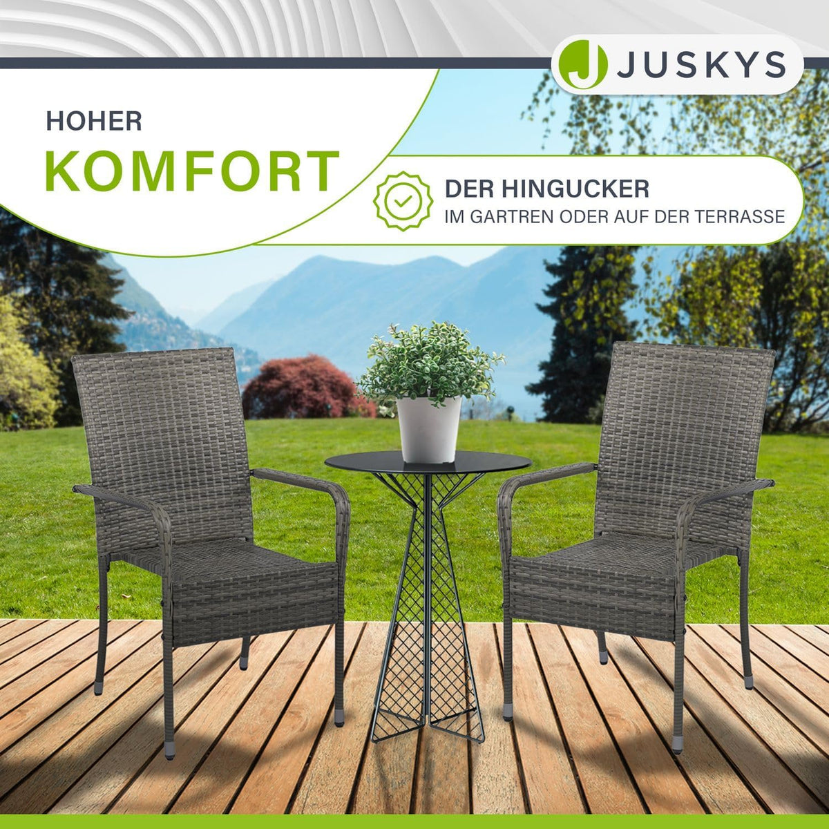 Juskys Polyrattan Gartenstühle Yoro 6er Set - mit Armlehnen & Rückenlehne 6 Stühle stapelbar - Rattan Stuhl Garten - Stapelstuhl Grau-meliert