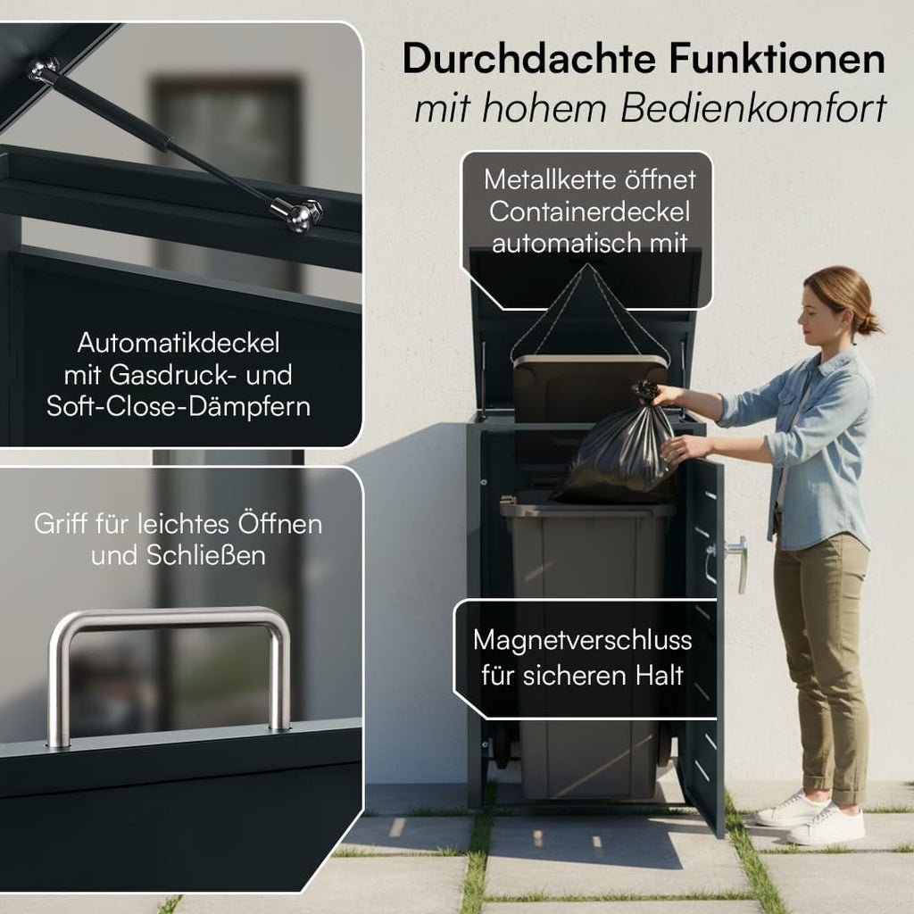 STEELSØN Diorus Mülltonnenbox 1er bis 240L abschließbar – Hochwertige Mülltonnenverkleidung 1 Tonne aus Stahl – Müllbox Müllcontainer Anthrazit - Mülltonnen Box wetterfest – Gerätebox mit Schloss