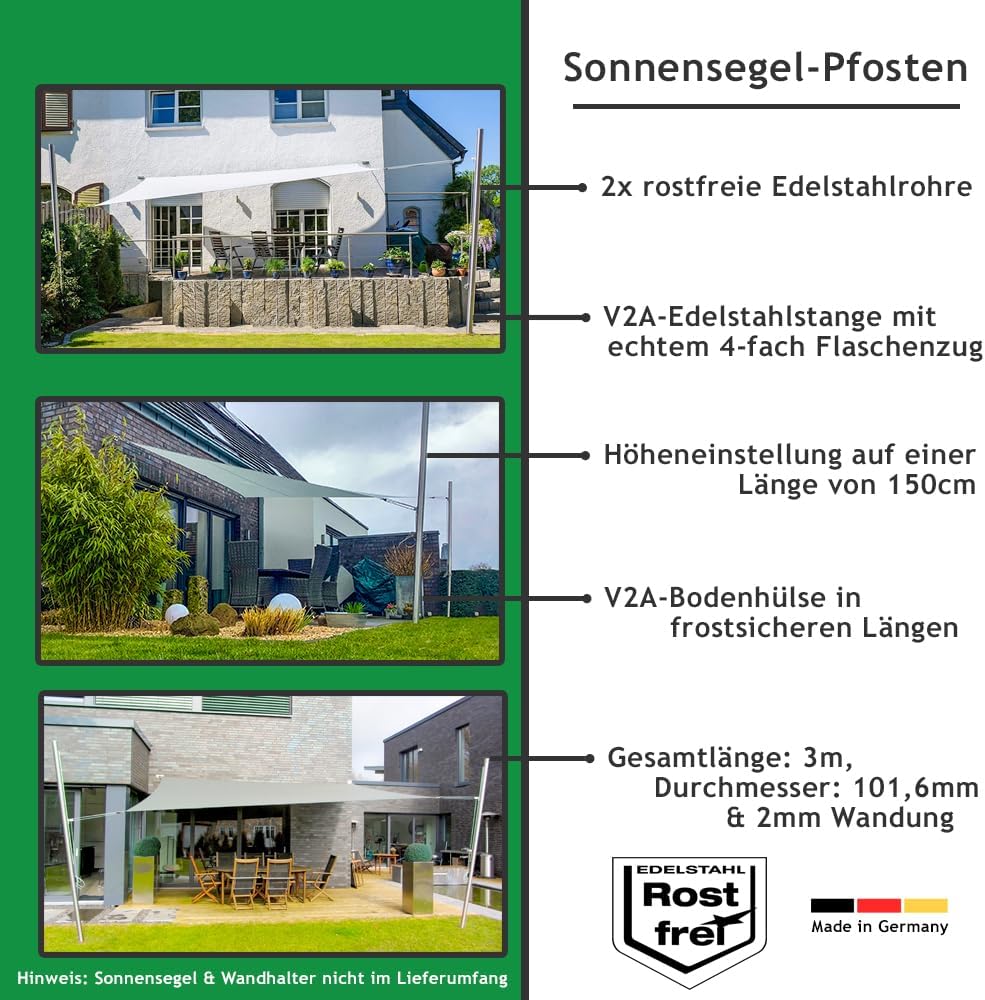Sonnensegel Pfosten Set - ø101,6mm, höhenverstellbar 3m, aus V2A Edelstahl inkl. Zubehör - 4-Fach Flaschenzug-Set & 0,75m Bodenhülse | Befestigung für sehr große Segel (2er Set)
