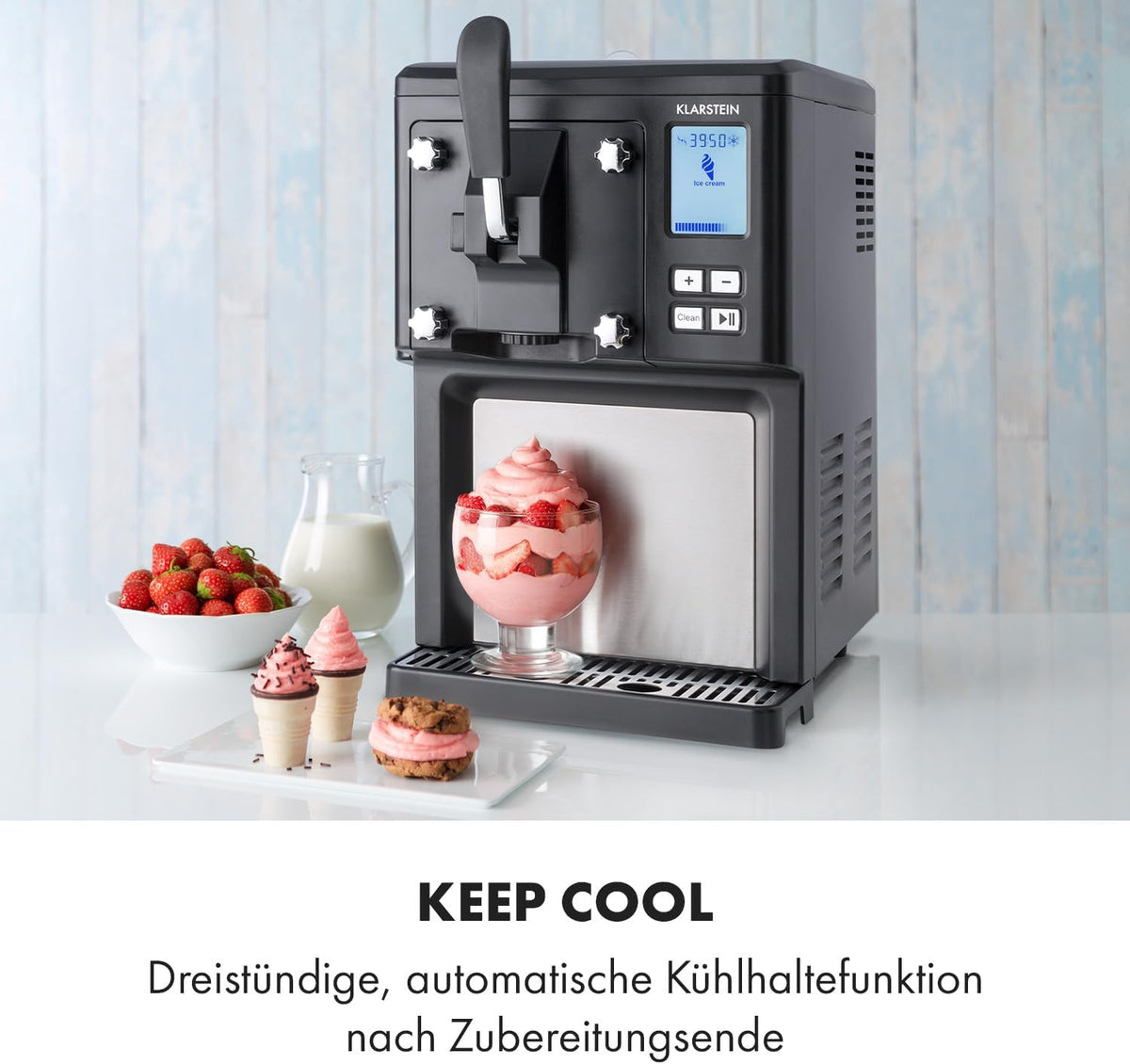 Klarstein Sweet Sundae - Eiscrememaschine, 1,5 Liter, mitselbstkühlendem Kompressor, 200 Watt, Ausgabesystem, 3 StundenAuto-Kühlhaltefunktion, Reinigungsautomatik, Edelstahl, schwarz