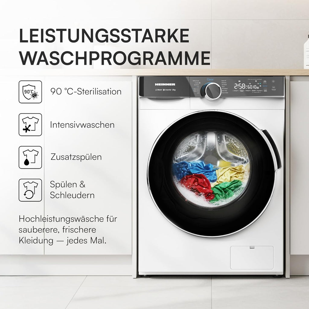 HWM-M1214IVKA+++ – 12 kg Frontlader-Waschmaschine, Inverter-Motor, 1400 U/min, Energieklasse A, LED-Display, 5 Jahre Garantie (Weiß, 12 KG)