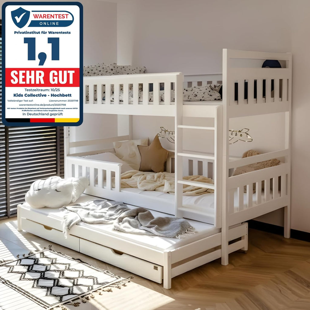 Kids Collective Hochbett 90x200 mit 3 Matratzen, Ausziehbett Etagenbett mit Ausziehfunktion, Zwei Schubladen, Lattenrost, Rausfallschutz umbaubar in DREI Einzelbetten, Vollholz massiv | weiß