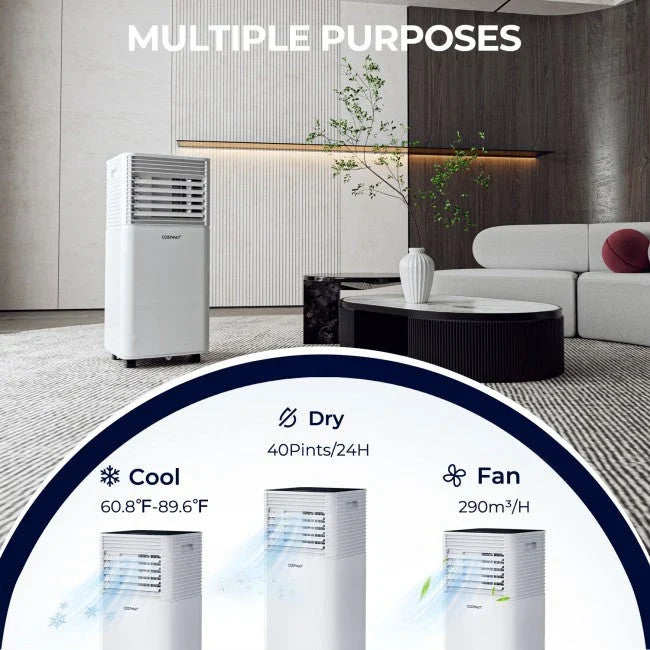 Aire Acondicionado Portátil 3 en 1 de 8000 BTU con Deshumidificador y Modo Ventilador