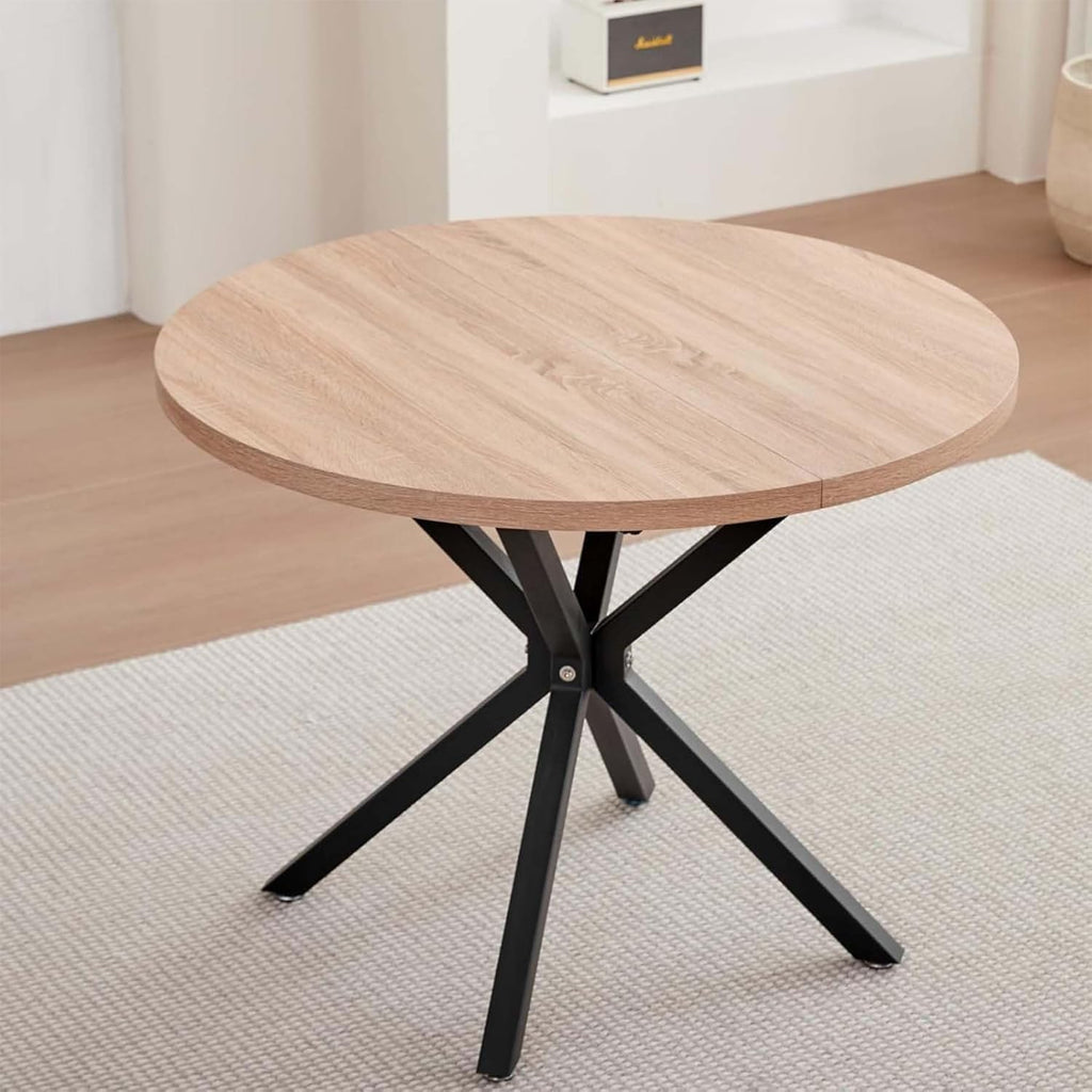 Essgruppe Set Tisch und Stühle, 100cm Runder Esstisch und 4 Leinen-Esszimmerstühle, 4 Stühle & Tisch für Küche, Esszimmer und Wohnzimmer (Khaki-LX, 100 * 100 * 76.5cm (Helle Holzfarbe))