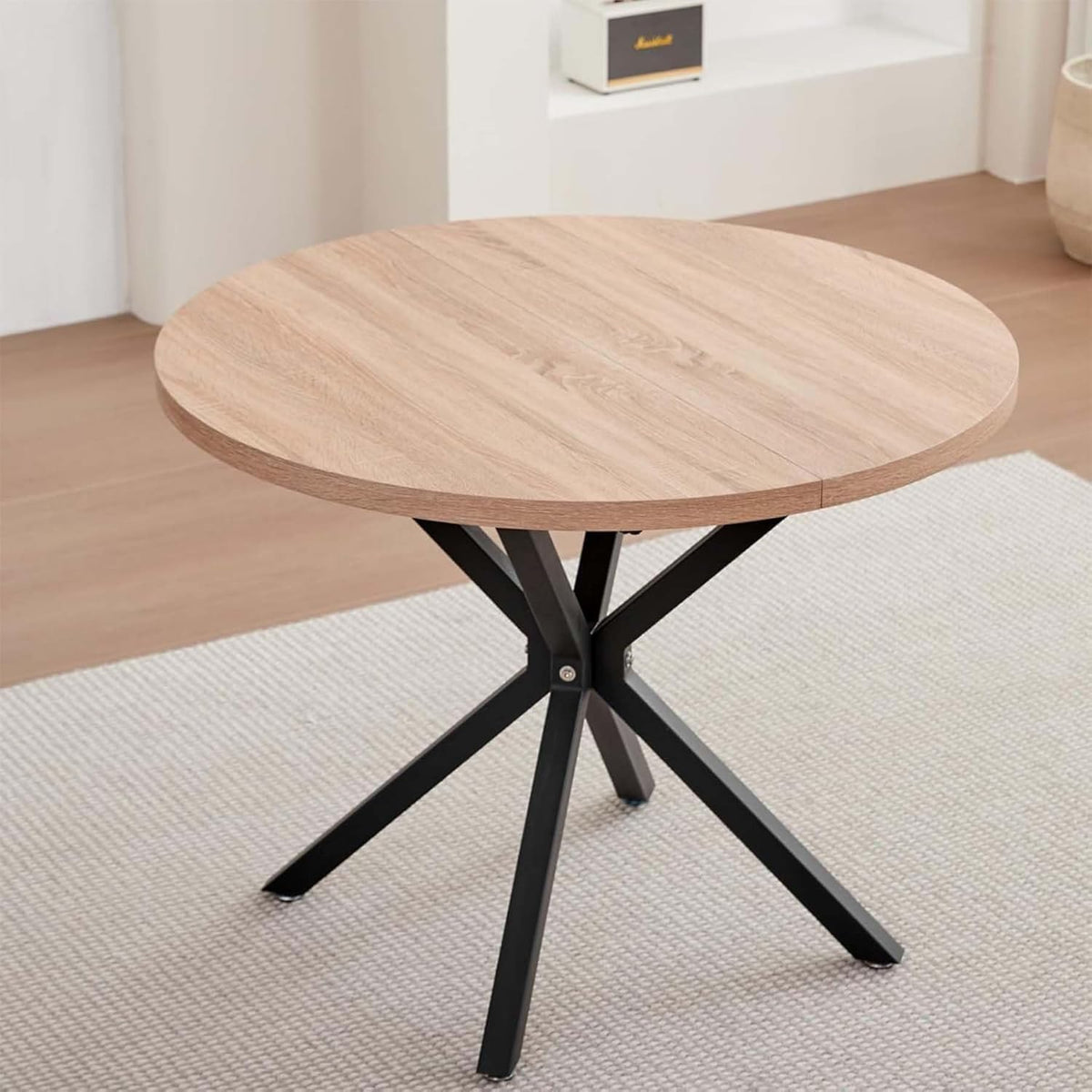 Essgruppe Set Tisch und Stühle, 100cm Runder Esstisch und 4 Leinen-Esszimmerstühle, 4 Stühle & Tisch für Küche, Esszimmer und Wohnzimmer (Khaki-LX, 100 * 100 * 76.5cm (Helle Holzfarbe))