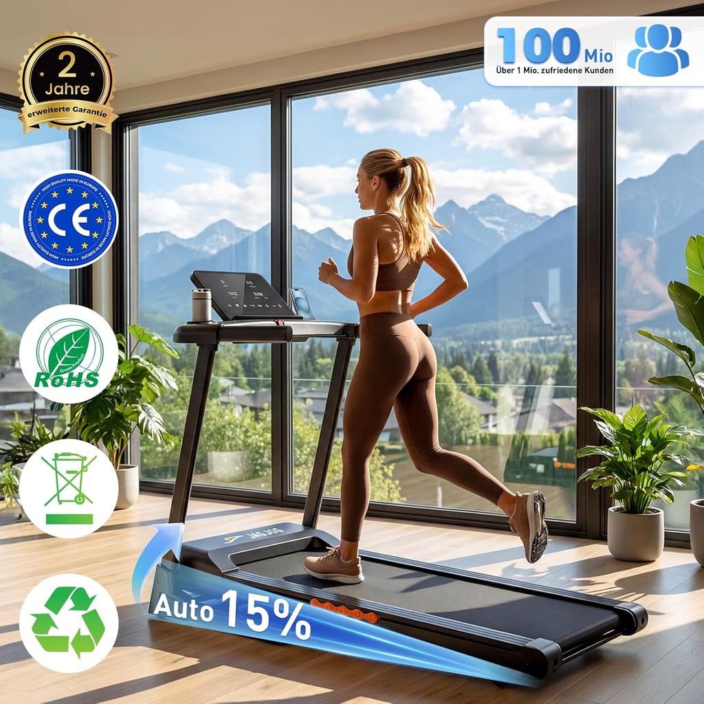 Laufband Klappbar für Zuhause mit 15%-18% Automatische Steigung, 3-4,5 PS Motor, Leise & Kompakt, 13-18" Zoll Breit LED Anzeige & 12 Programme, 14-16 km/h Elektrisches Fitness Laufband