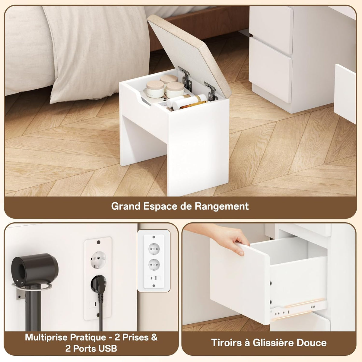 Schminktisch Groß mit Spiegel und LED Beleuchtung 115cm,Farbtemperatur Einstellbar, 7 Schubladen Schminktisch mit Steckdose Dressing Table mit Hocker,115x40x139cm,Weiß