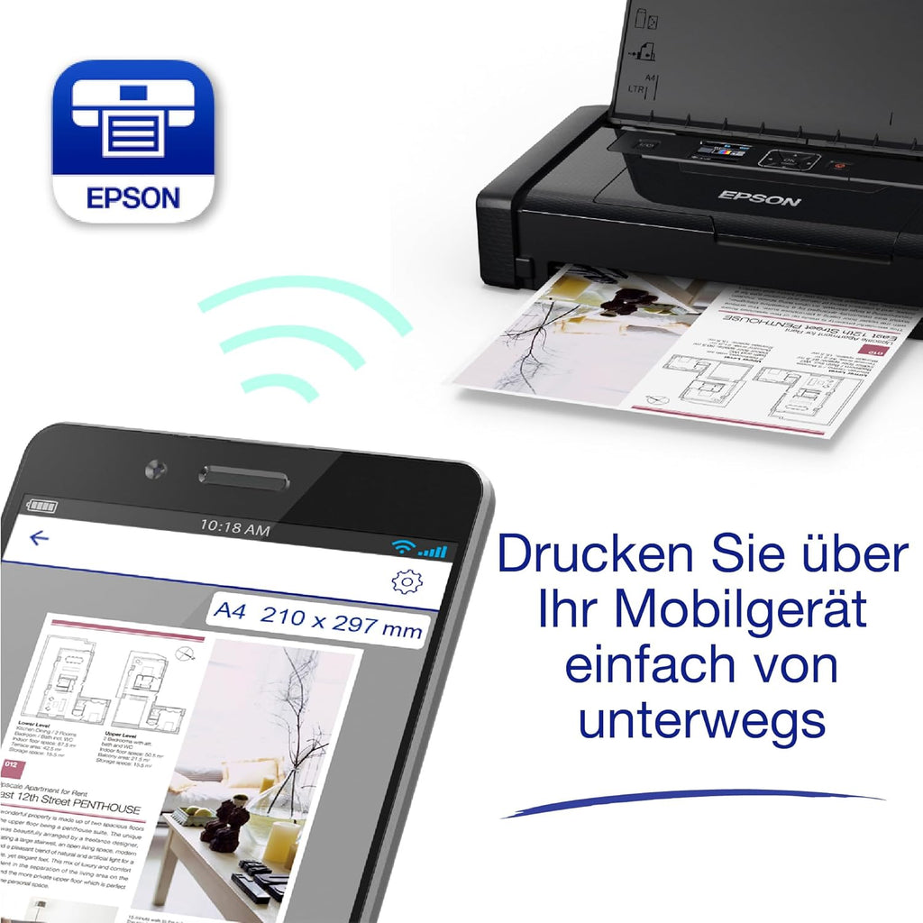 WorkForce WF-110W tragbarer Tintenstrahldrucker (DIN A4, WiFi Direct, Drucker, mobiles Drucken, USB, integrierter Akku, nur 1,6 kg Gewicht) schwarz