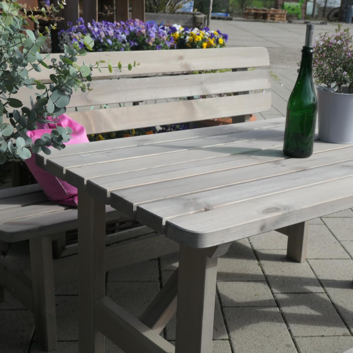 Gartengarnitur aus Holz | Set bestehend aus Gartentisch & Bänken mit Lehne | Hochwertige Sitzgarnitur für den Garten | PEFC-zertifizierte Gartenmöbel für Draußen (Grau)