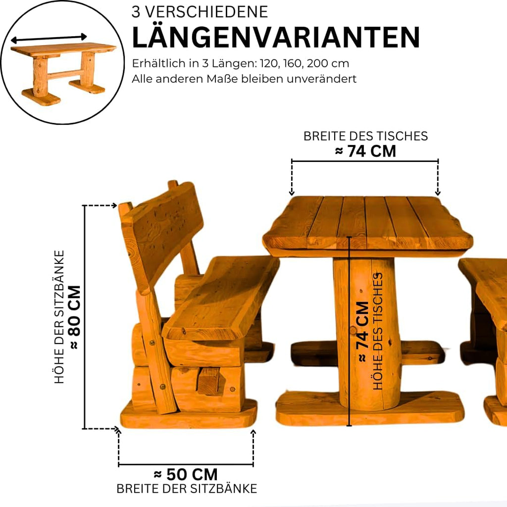 Mega Holz Gartengarnitur Rustikal Pinie Lasiert 200 cm - Aus heimischer Kiefer - Fertig montierte Sitzbank für Terrasse, Garten & Balkon mit Rückenlehne - Zeitloses Design, wetterfest & pflegeleicht