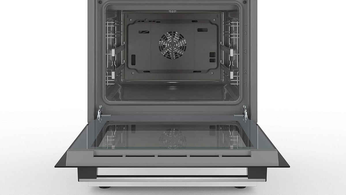Bosch HKR39C250 Serie 4 Elektro-Standherd, 60 cm breit, EcoClean Direct Reinigungshilfe, 3D Heißluft Backen auf 3 Ebenen, LED-Display-Steuerung, erweiterbare Kochzone für großes Kochgeschirr