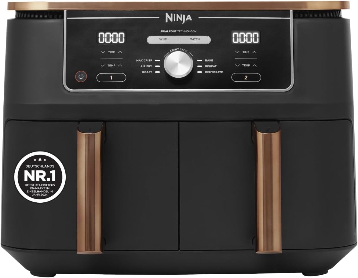 Ninja Foodi MAX Dual Zone Heißluftfritteuse [AF400EUCP] Amazon Exclusive, ‎2470 Watt , 9,5 L, 2 Heißluft-Frittierfächer, 6 Funktionen, 27 x 41.5 x 32.5 cm, Kupfer/Schwarz