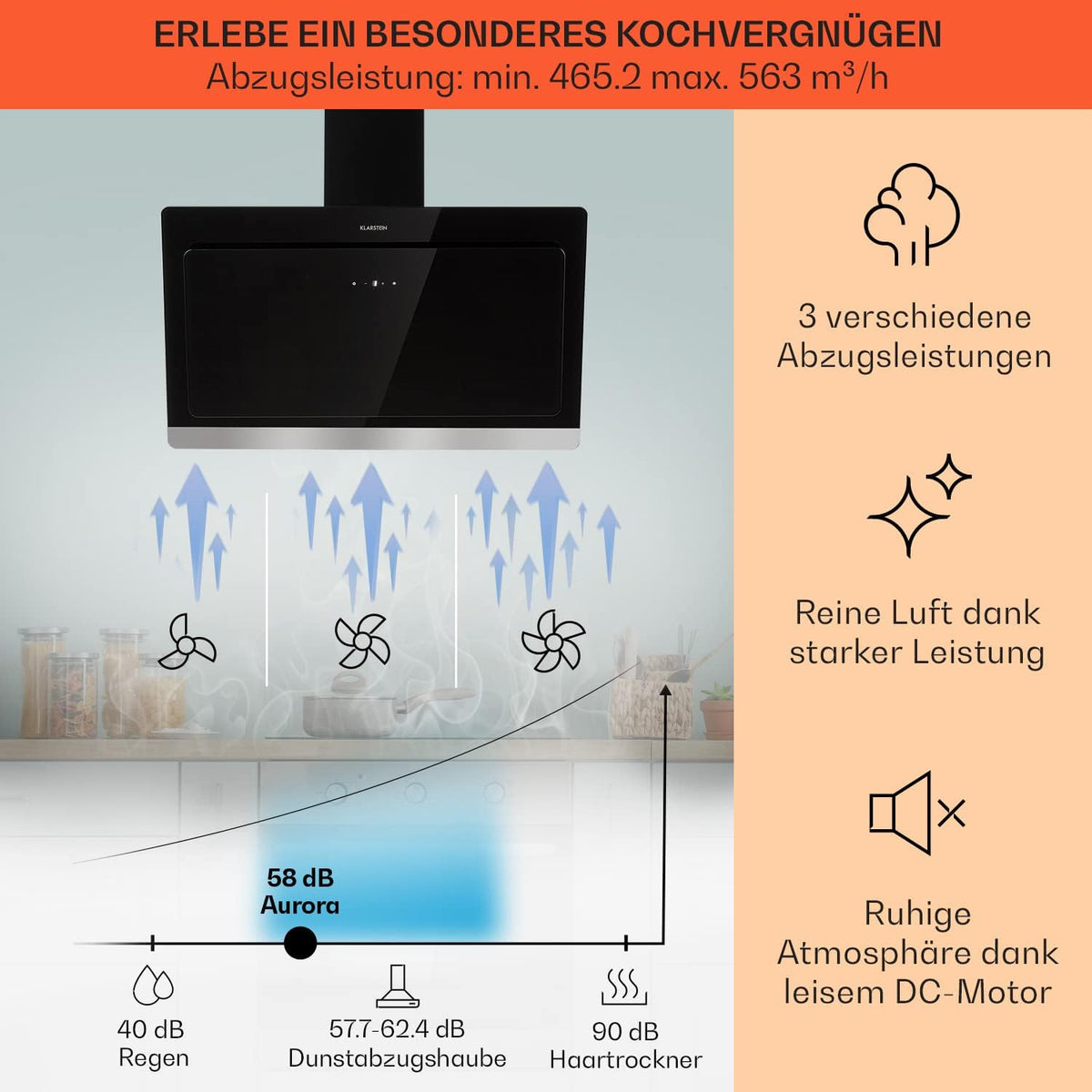Klarstein Dunstabzugshaube 90cm, Abluft-Dunstabzugshaube, Abzugshaube mit Kohlektiv-Filter, Dunstabzug mit 563m³/h Luftstrom, Wandhauben für Küche mit RGB-LEDs, Leise Dunstabzugshauben 90 cm