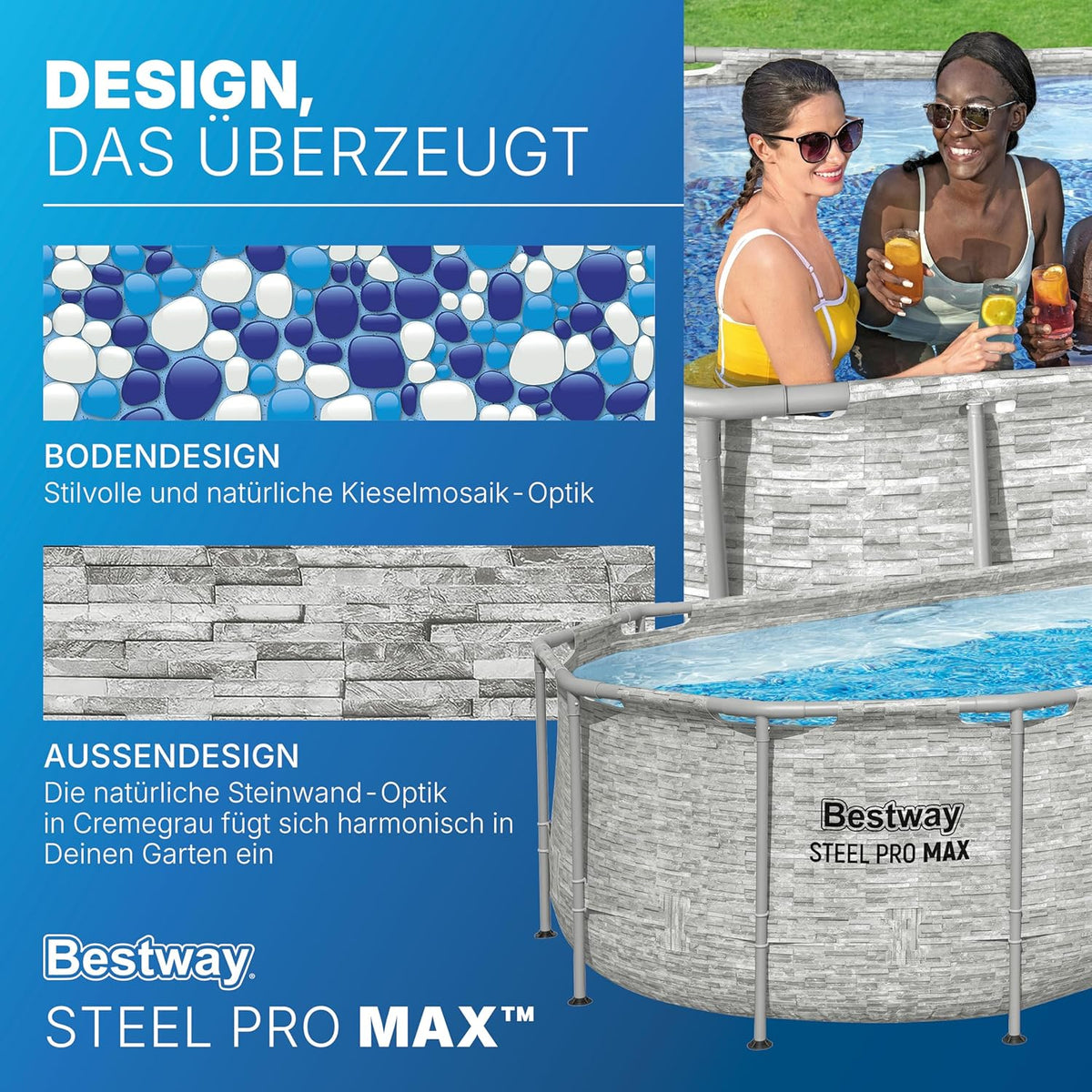 Bestway Power Steel Swim Vista Series Frame Pool Komplett-Set mit Filterpumpe 427 x 250 x 100 cm, Steinwand-Optik (Cremegrau), oval