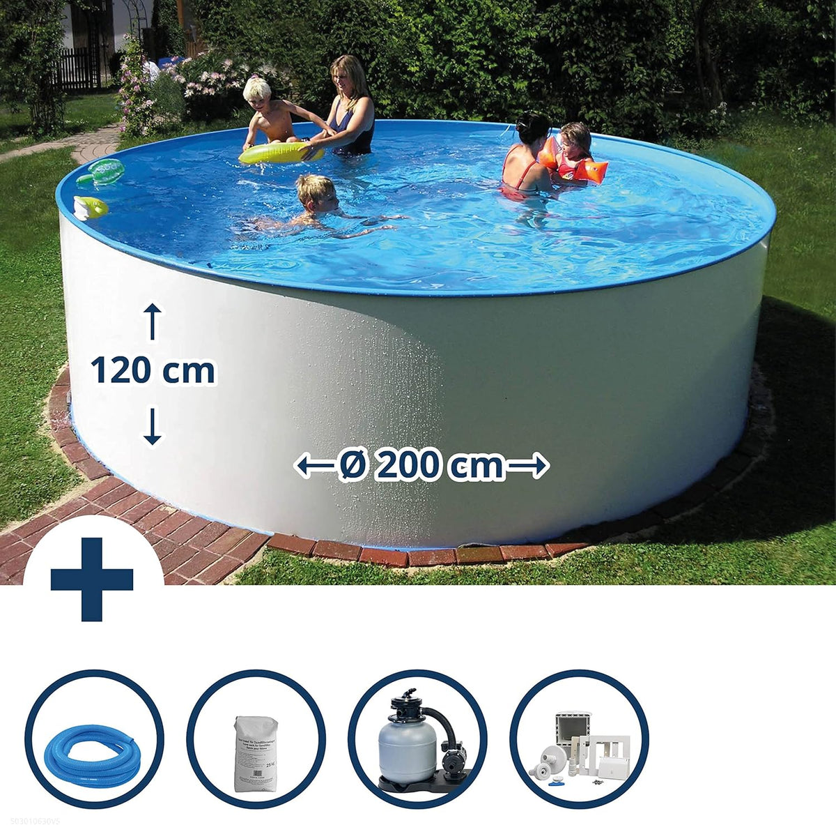 Planet Pool Stahlwandpool Set rund Bologna 200x120 cm, Stahl 0,6 mm weiß, Folie 0,6 mm blau, Einhängebiese