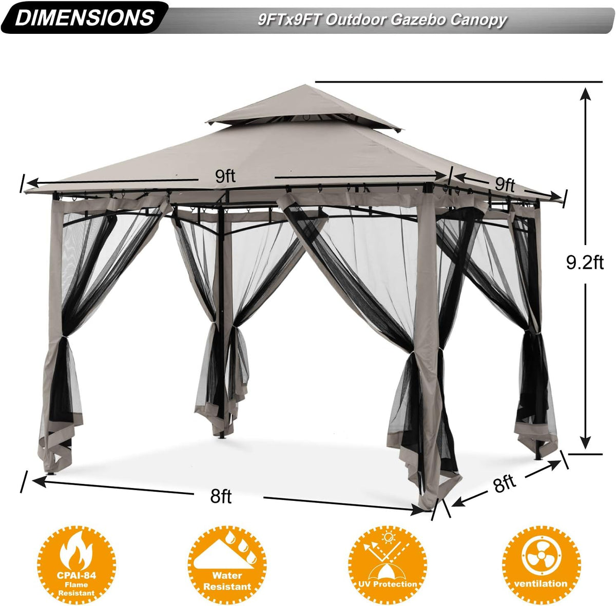 ABCCANOPY Pavillon 2.5x2.5m Wasserdicht Stabil Winterfest Gartenpavillon，Doppeldachweichdach Hinterhof-Partyzelt mit Netz für Schatten und Regen,Grau