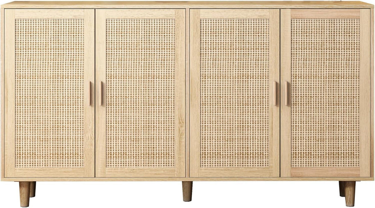 Sideboard mit verstellbaren Ablagen, Modernen Kommode mit 4 Türen, Rattan TV-Tisch mit viel Stauraum für Esszimmer, Wohnzimmer & Schlafzimmer, 158x40x88cm, Easy Assembly Holzfarbe (Holzfarbe)